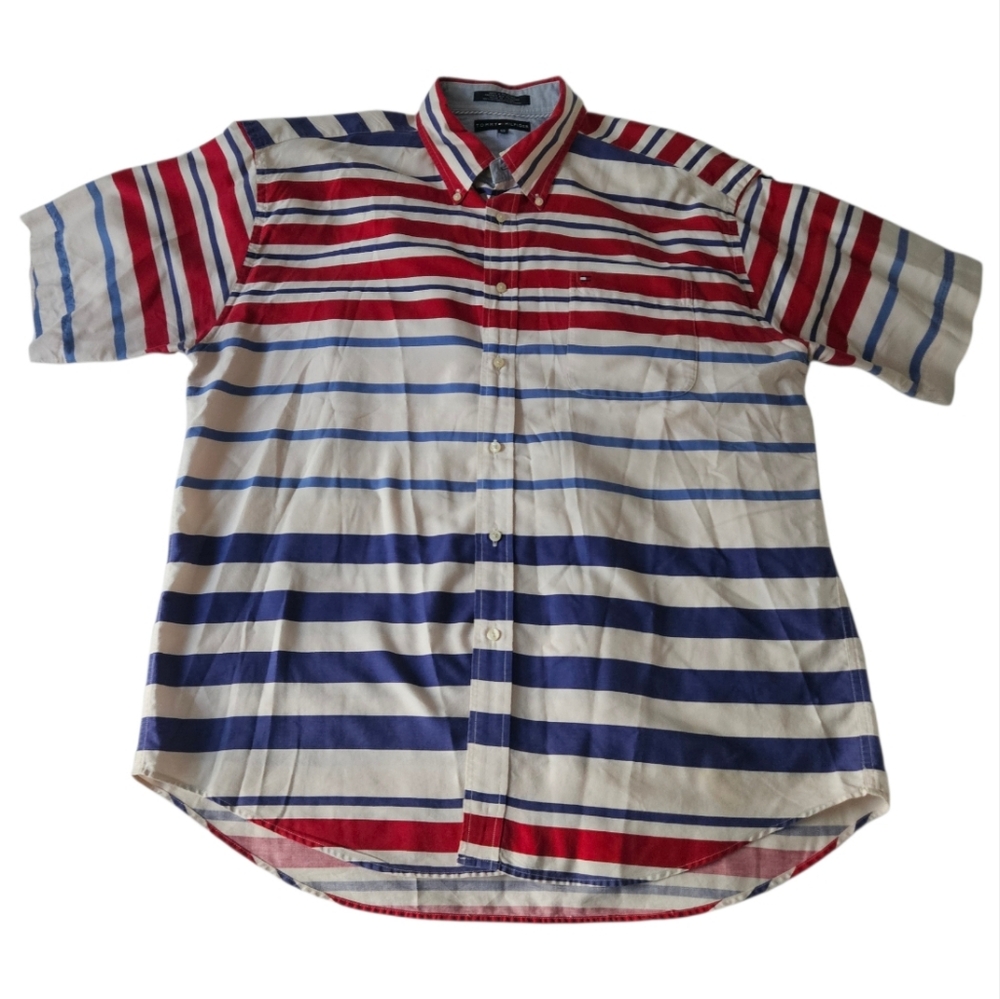 TOMMY HILFIGER Red, White & Blue Stripe Short Sleeve Shirt | SZ XXL